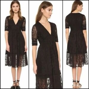 FREE PEOPLE Mountain Laurel Lace Crochet V-Neck Midi Dress 2 Black Boho Party